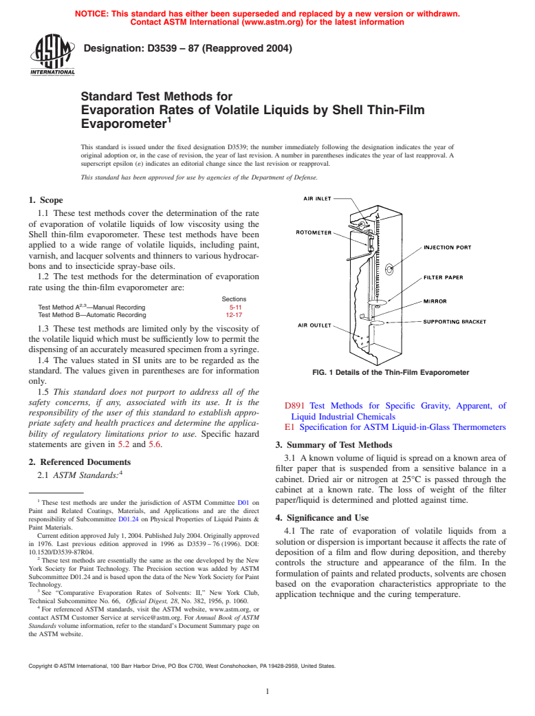 ASTM D3539-87(2004) - Standard Test Methods for Evaporation Rates of Volatile Liquids by Shell Thin-Film Evaporometer