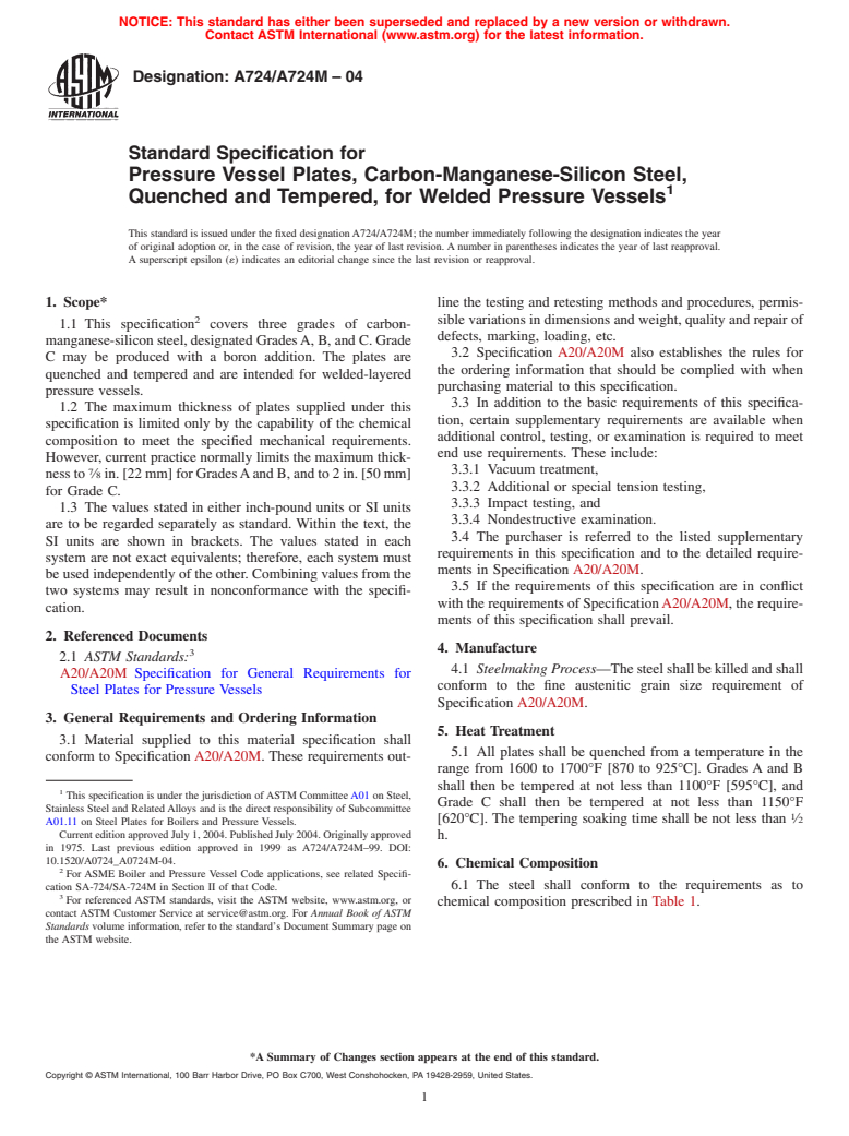 ASTM A724/A724M-04 - Standard Specification for Pressure Vessel Plates, Carbon-Manganese-Silicon Steel, Quenched and Tempered, for Welded Layered Pressure Vessels