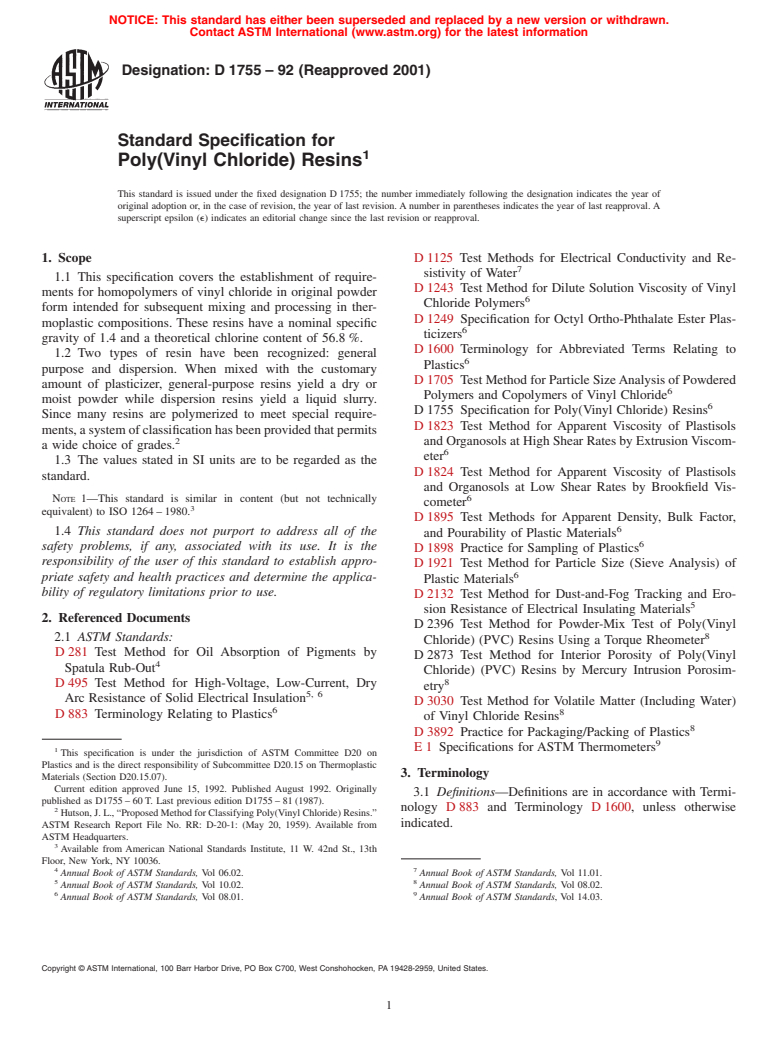 ASTM D1755-92(2001) - Standard Specification for Poly(Vinyl Chloride) Resins