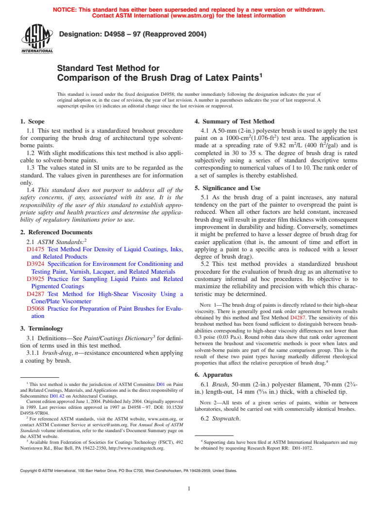 ASTM D4958-97(2004) - Standard Test Method for Comparison of the Brush Drag of Latex Paints