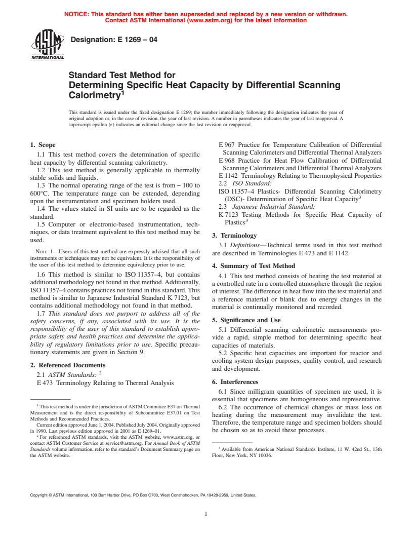 ASTM E1269-04 - Standard Test Method for Determining Specific Heat Capacity by Differential Scanning Calorimetry