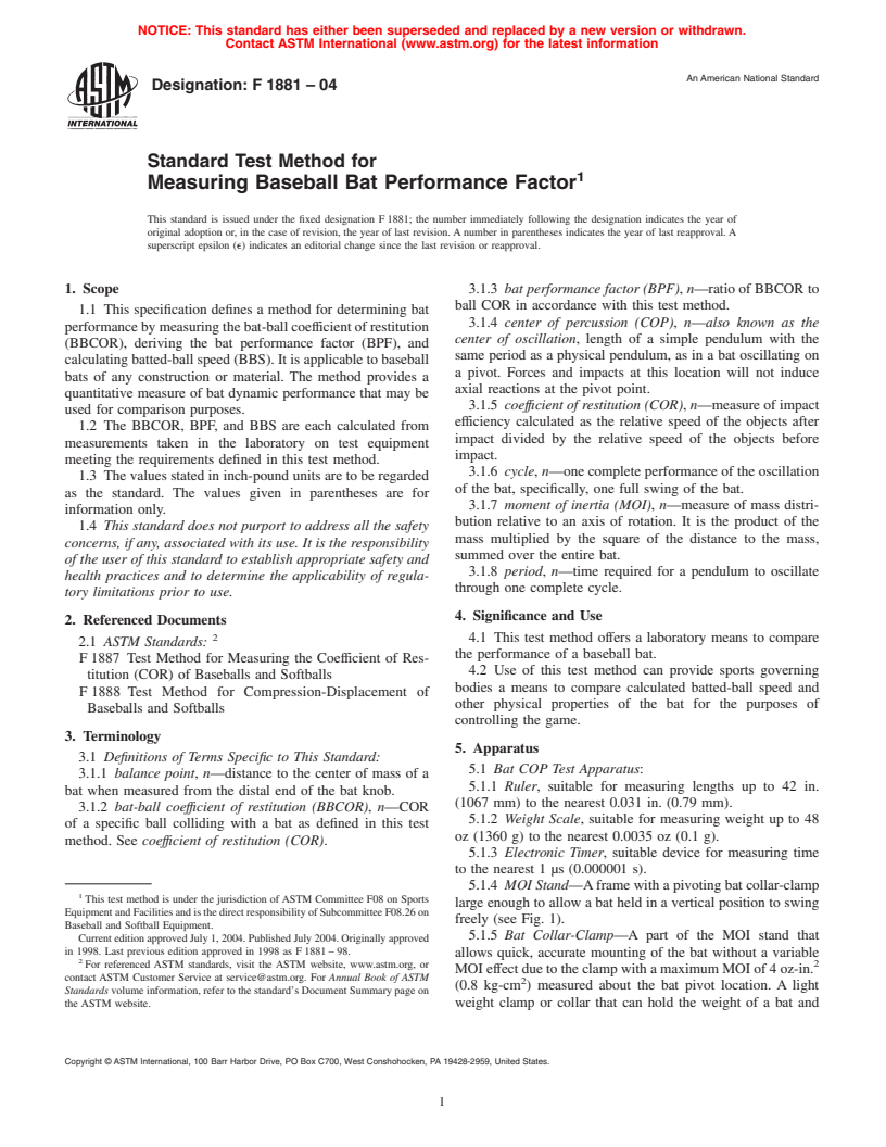 ASTM F1881-04 - Standard Test Method for Measuring Baseball Bat Performance Factor