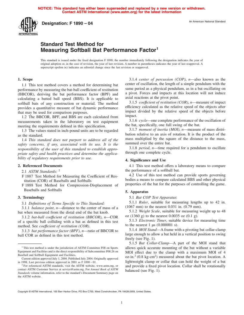 ASTM F1890-04 - Standard Test Method for Measuring Softball Bat Performance Factor