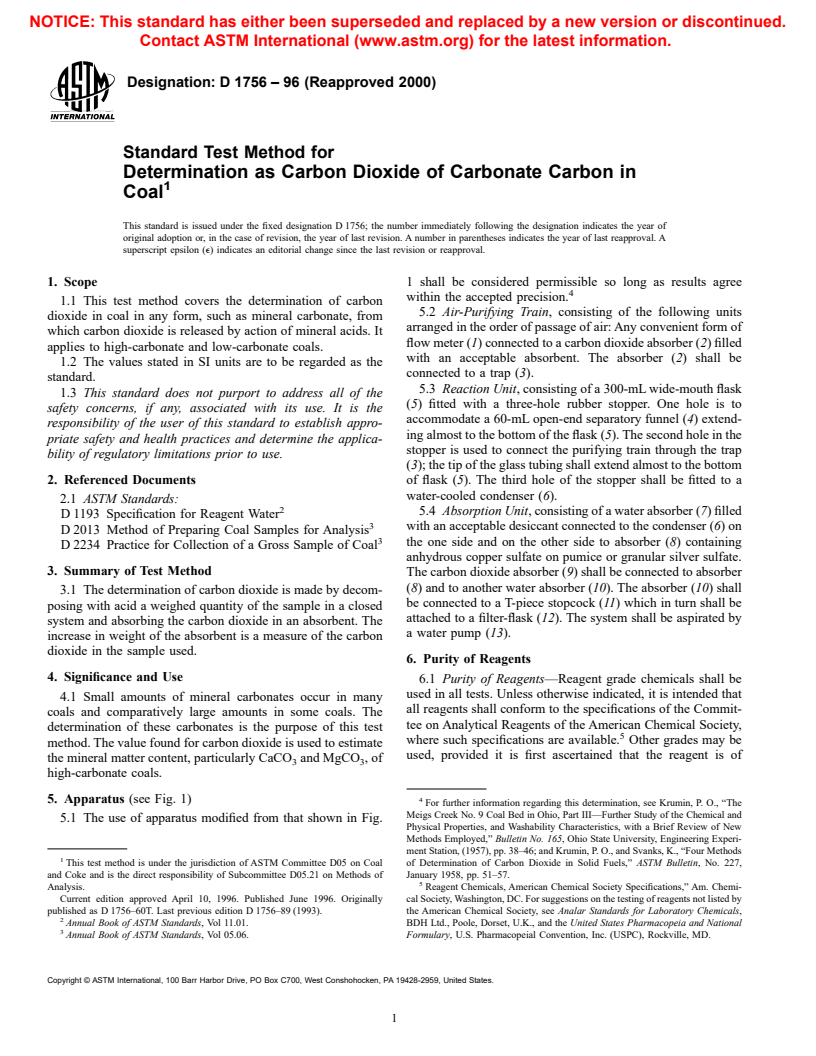 ASTM D1756-96(2000) - Standard Test Method for Determination as Carbon Dioxide of Carbonate Carbon in Coal