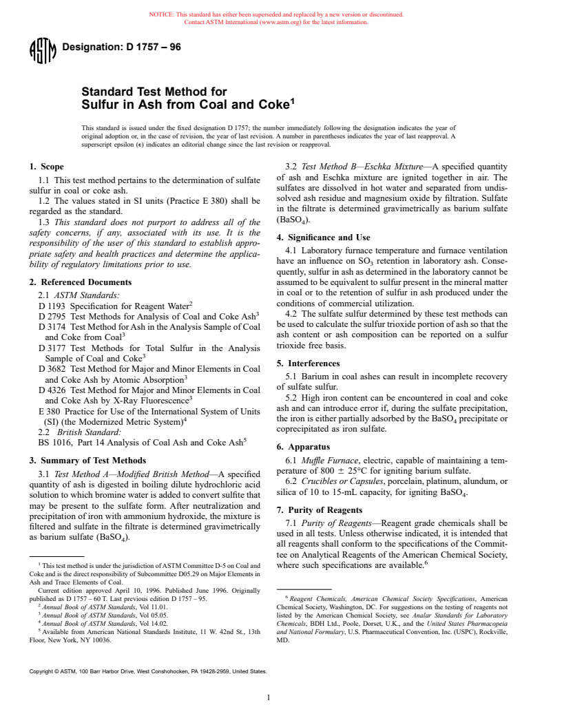 ASTM D1757-96 - Standard Test Method for Sulfur in Ash from Coal and Coke