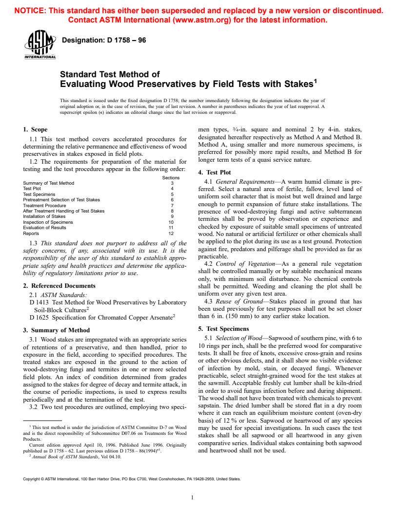 ASTM D1758-96 - Standard Test Method of Evaluating Wood Preservatives by Field Tests with Stakes