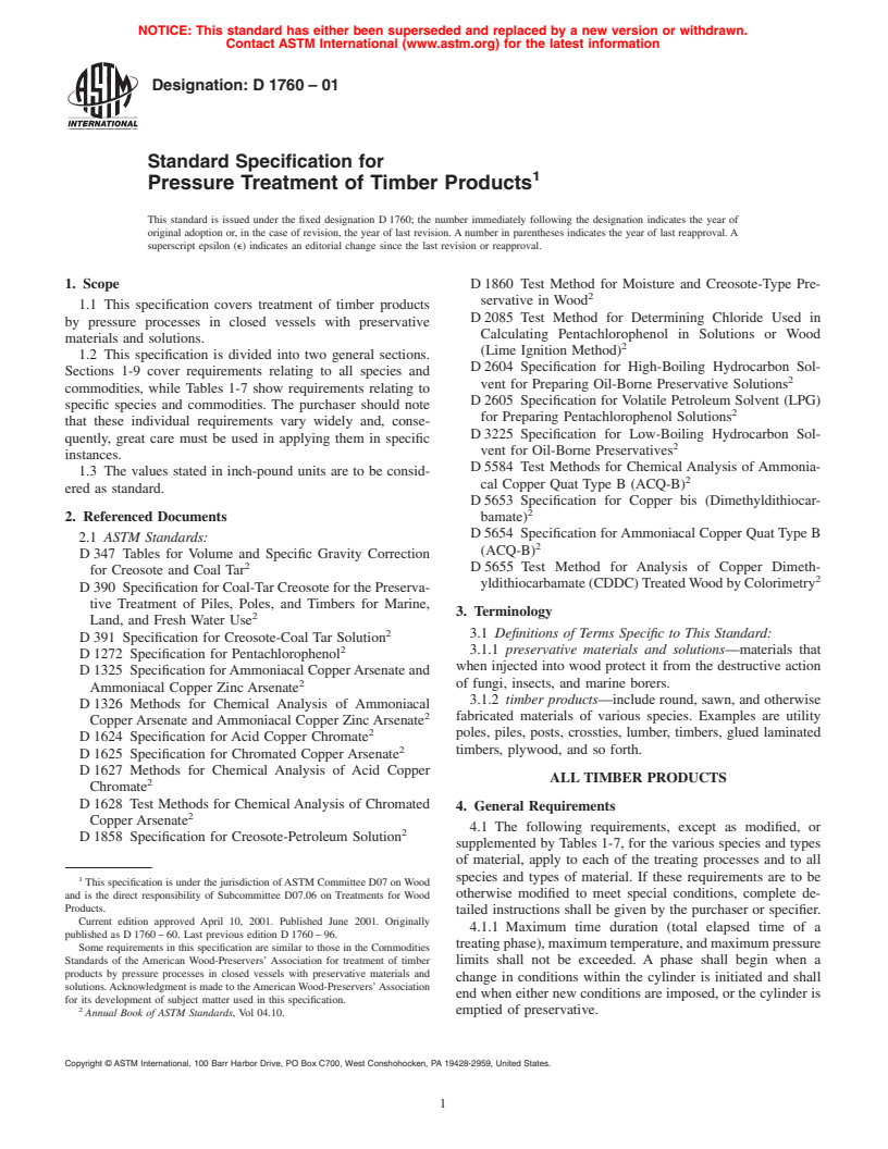 ASTM D1760-01 - Standard Specification for Pressure Treatment of Timber Products (Withdrawn 2006)