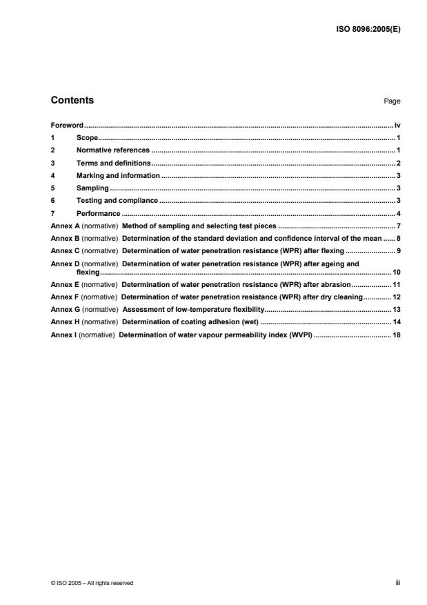 ISO 8096:2005 - Rubber- or plastics-coated fabrics for water-resistant clothing -- Specification