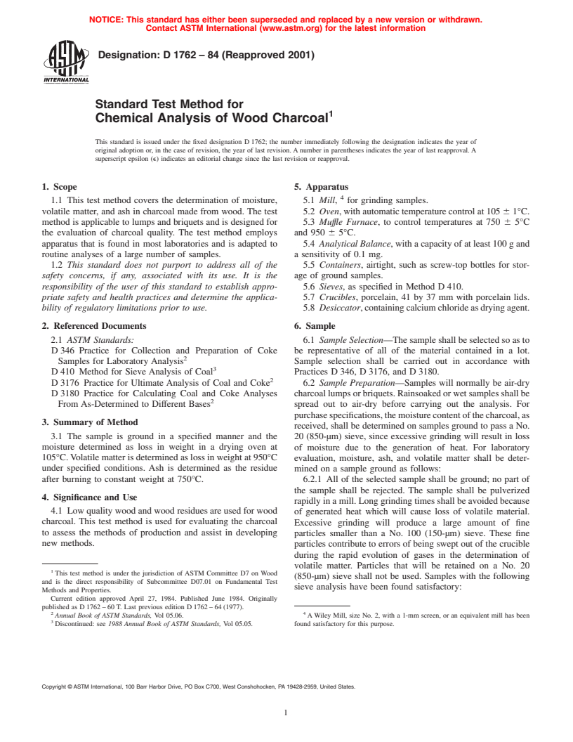 ASTM D1762-84(2001) - Standard Test Method for Chemical Analysis of Wood Charcoal