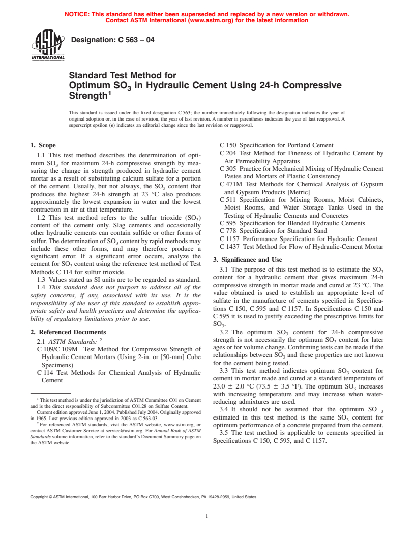 ASTM C563-04 - Standard Test Method for Optimum SO<sub>3</sub> in Hydraulic Cement Using 24-h Compressive Strength