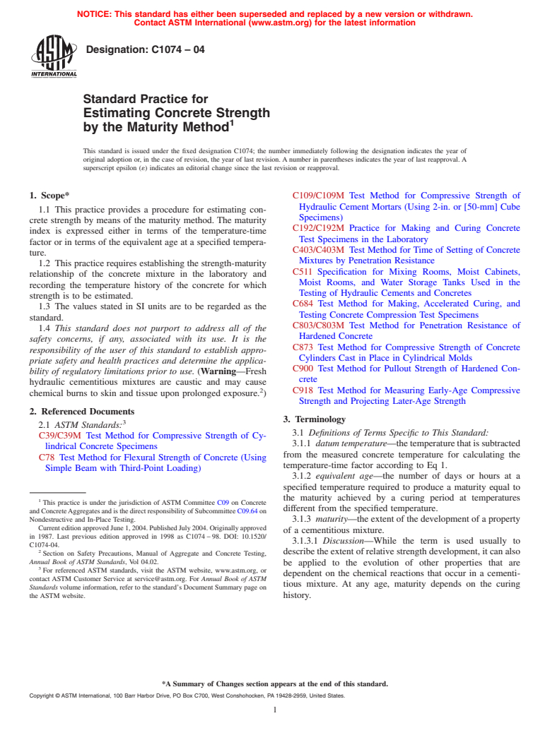 ASTM C1074-04 - Standard Practice for Estimating Concrete Strength by the Maturity Method