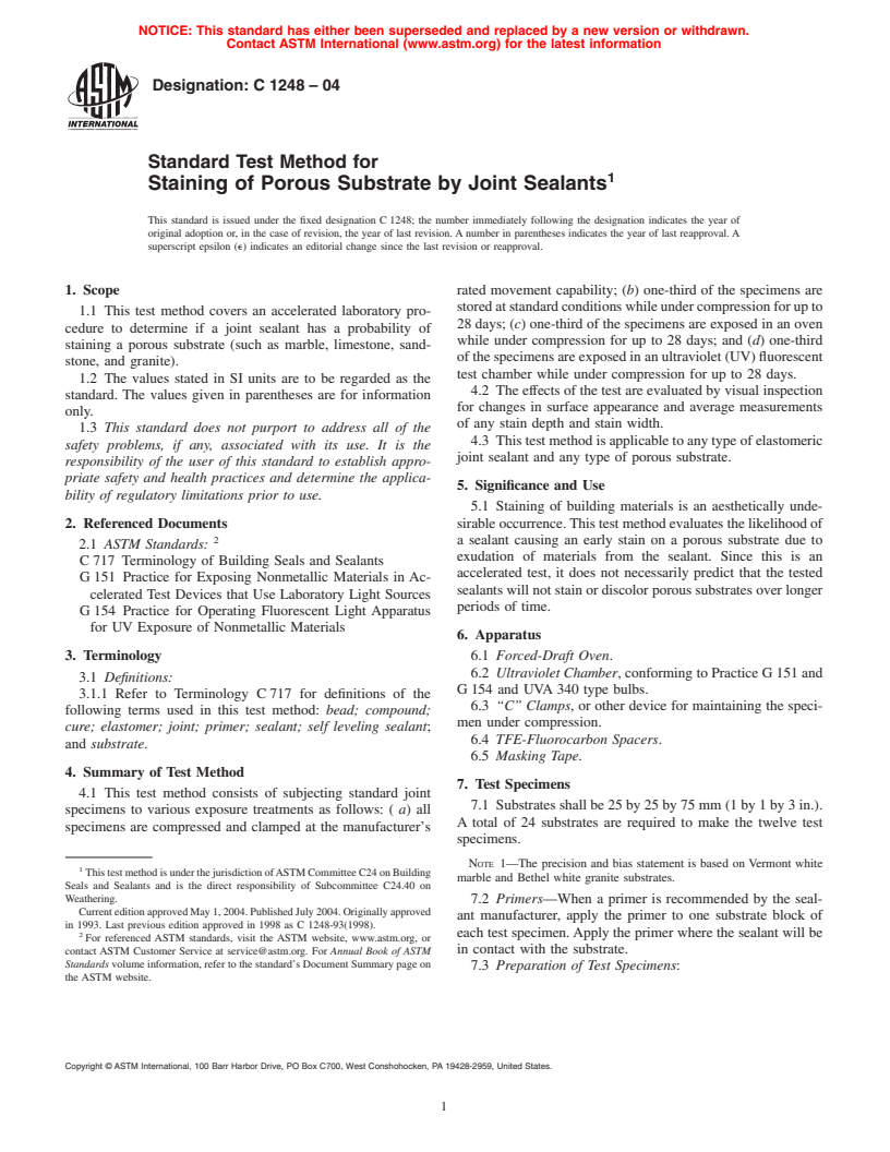 ASTM C1248-04 - Standard Test Method for Staining of Porous Substrate by Joint Sealants