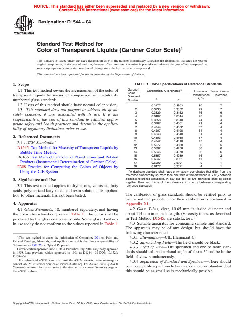 ASTM D1544-04 - Standard Test Method for Color of Transparent Liquids (Gardner Color Scale)