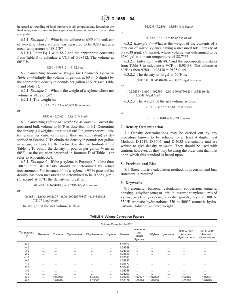 ASTM D1555-04 - Standard Test Method for Calculation of Volume and Weight of Industrial Aromatic Hydrocarbons and Cyclohexane