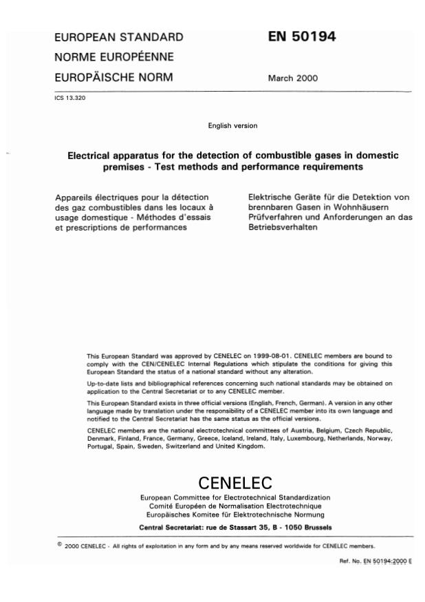 EN 50194:2000 - Electrical apparatus for the detection of combustible gases  in domestic premises 