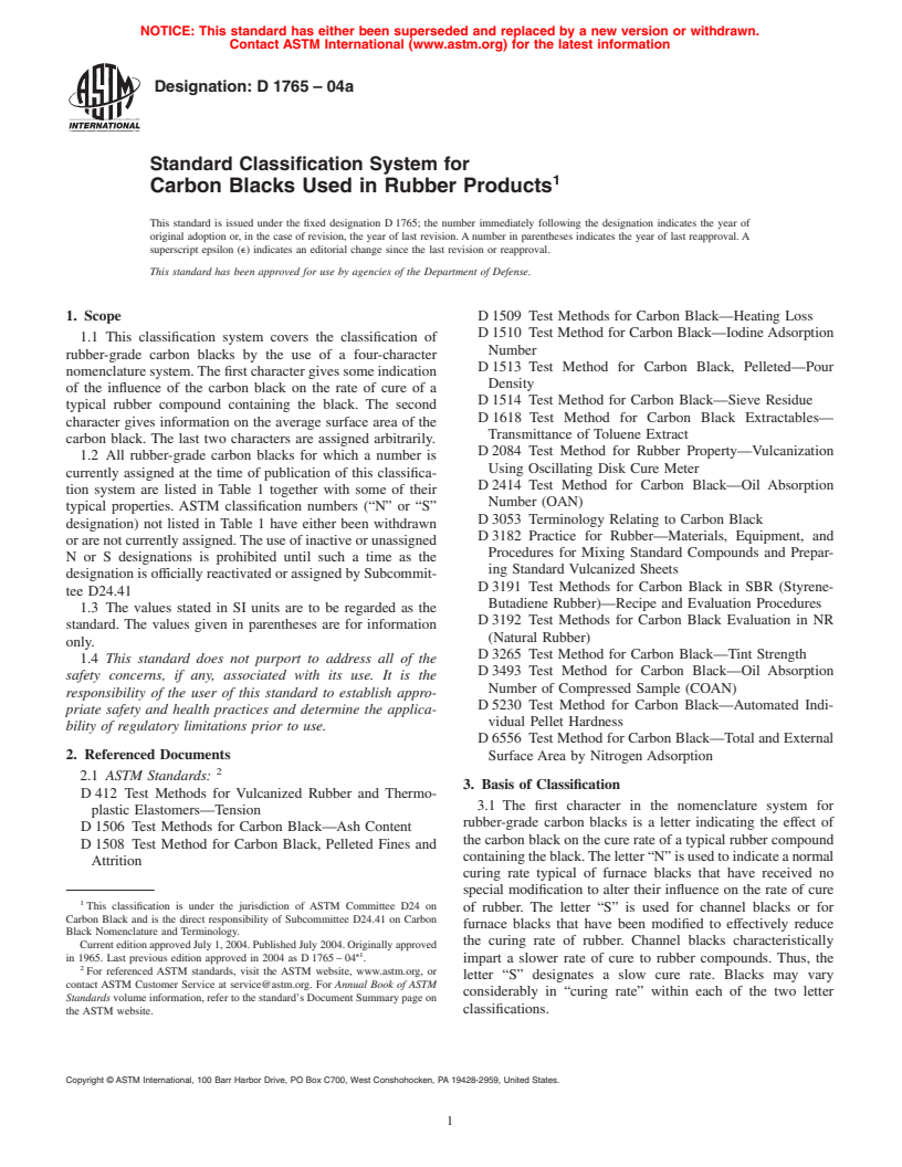 ASTM D1765-04a - Standard Classification System for Carbon Blacks Used in Rubber Products