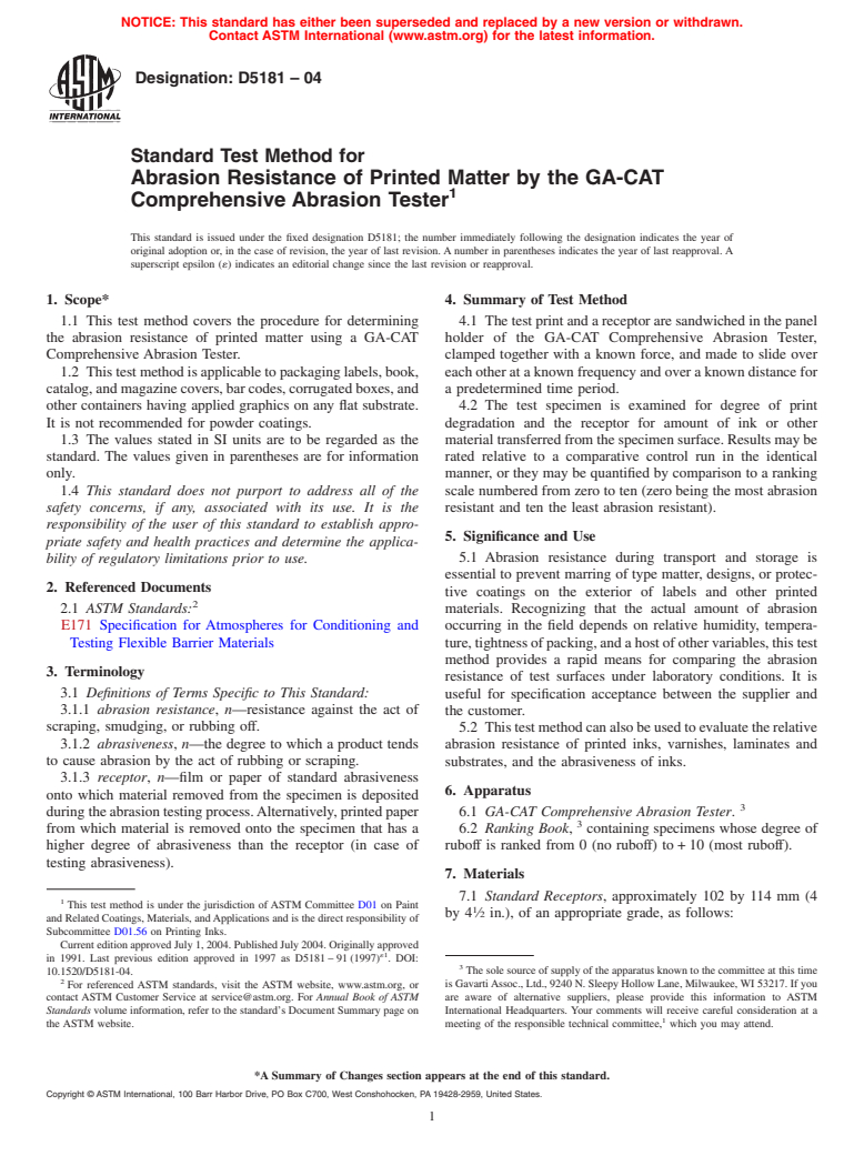 ASTM D5181-04 - Standard Test Method for Abrasion Resistance of Printed Matter by the GA-CAT Comprehensive Abrasion Tester