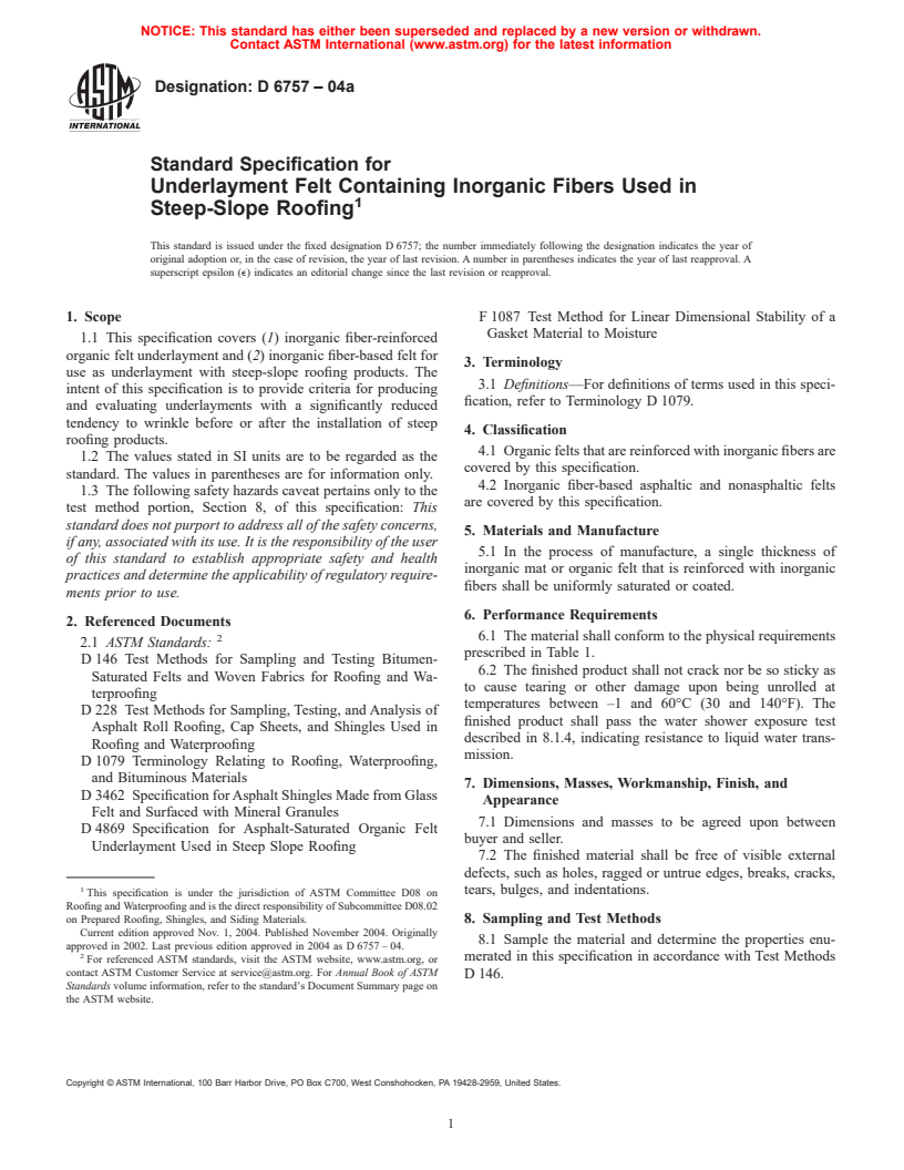 ASTM D6757-04 - Standard Specification for Steep-Slope Underlayment Felt Containing Inorganic Fibers