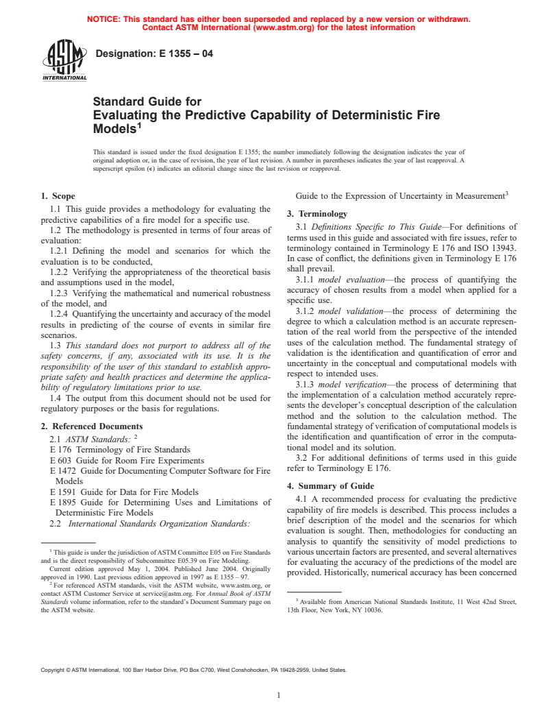 ASTM E1355-04 - Standard Guide for Evaluating the Predictive Capability of Deterministic Fire Models