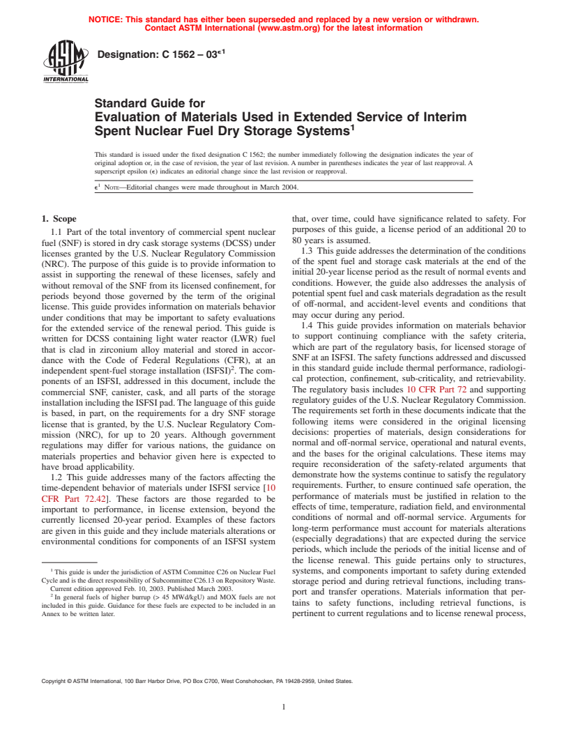 ASTM C1562-03e1 - Standard Guide for Evaluation of Materials Used in Extended Service of Interim Spent Nuclear Fuel Dry Storage Systems