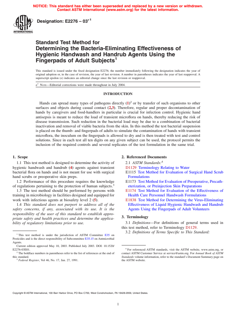 ASTM E2276-03e1 - Standard Test Method for Determining the Bacteria-Eliminating Effectiveness of Hygienic Handwash and Handrub Agents Using the Fingerpads of Adult Subjects