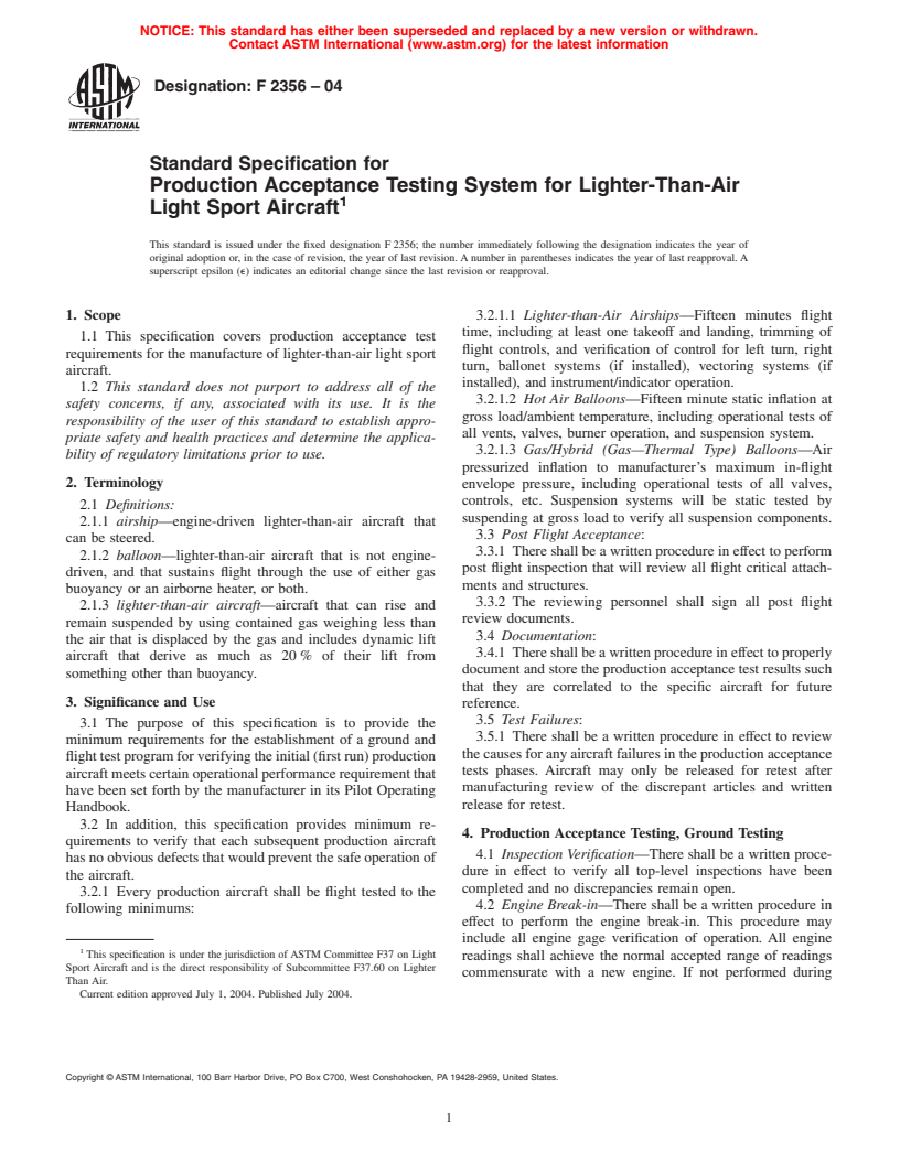 ASTM F2356-04 - Standard Specification for Production Acceptance Testing System for Lighter-Than-Air Light Sport Aircraft