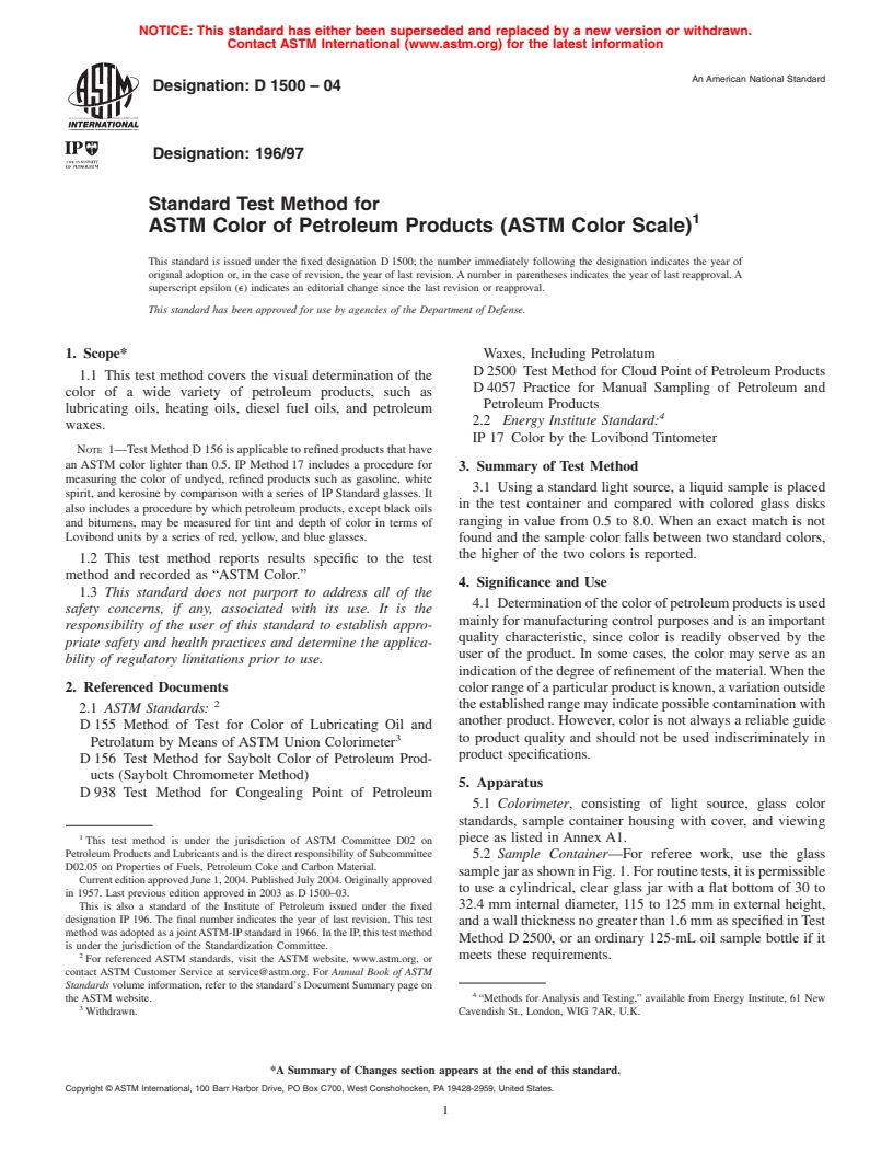 ASTM D1500-04 - Standard Test Method for ASTM Color of Petroleum Products (ASTM Color Scale)