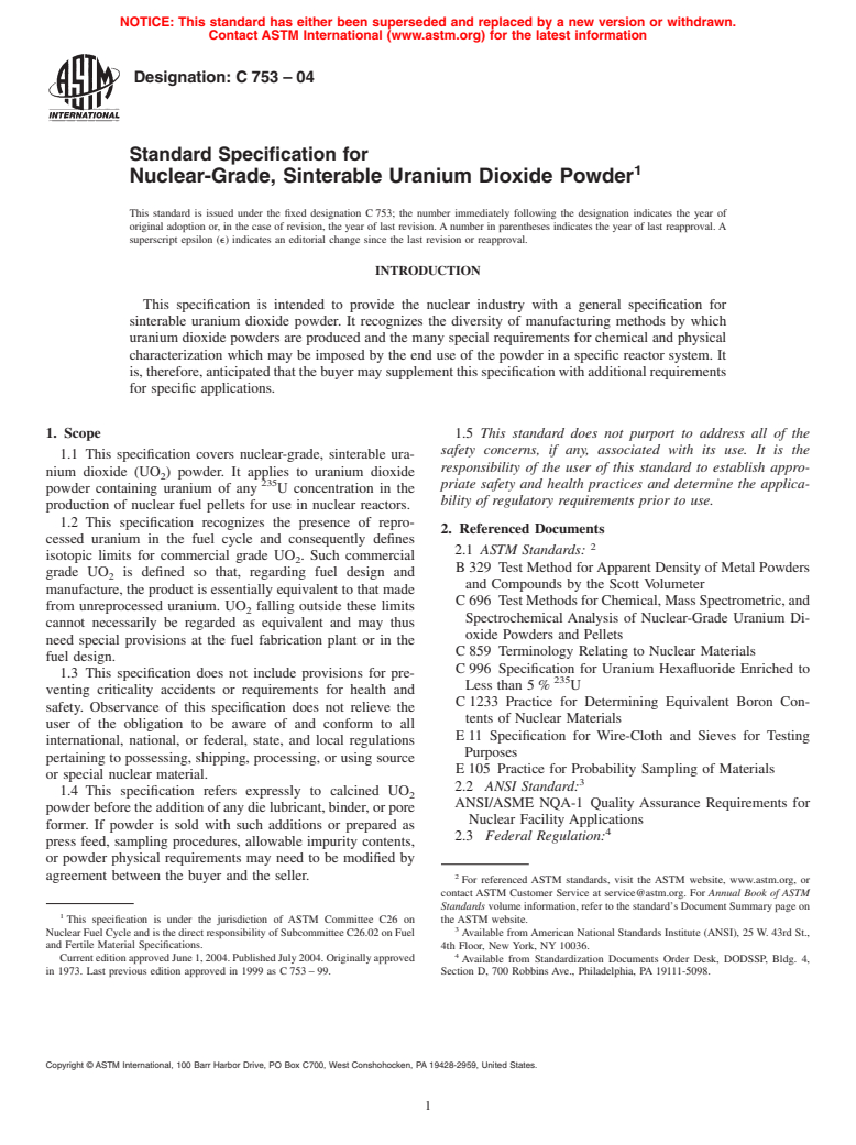 ASTM C753-04 - Standard Specification for Nuclear-Grade, Sinterable Uranium Dioxide Powder