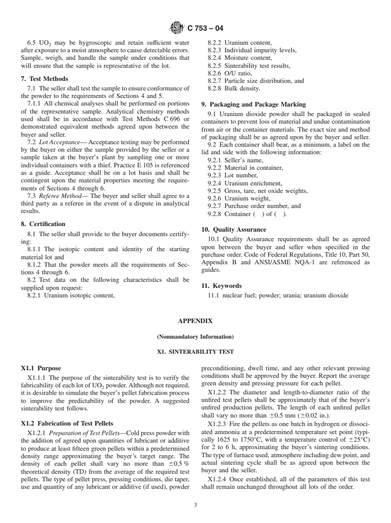 ASTM C753-04 - Standard Specification for Nuclear-Grade, Sinterable Uranium Dioxide Powder