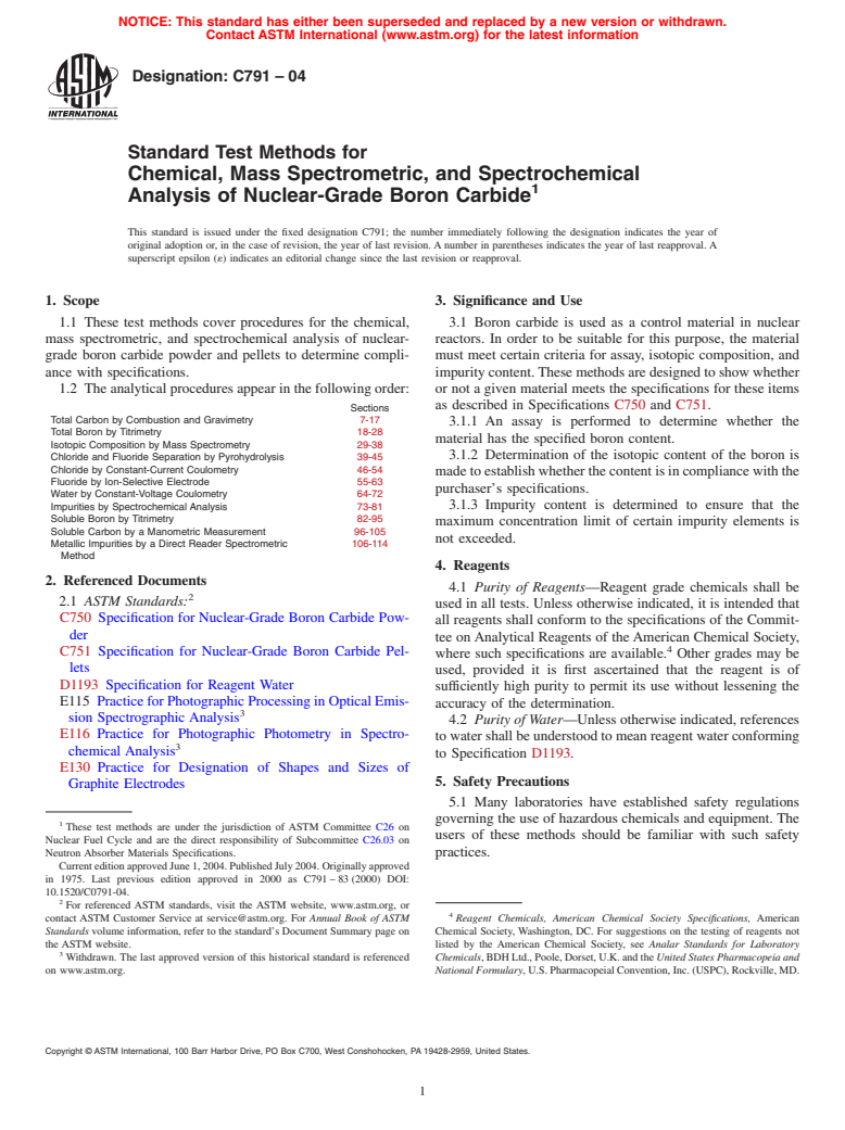 ASTM C791-04 - Standard Test Methods for Chemical, Mass Spectrometric, and Spectrochemical Analysis of Nuclear-Grade Boron Carbide