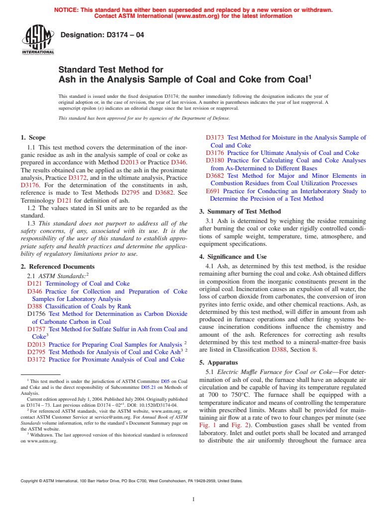 ASTM D3174-04 - Standard Test Method for Ash in the Analysis Sample of Coal and Coke from Coal