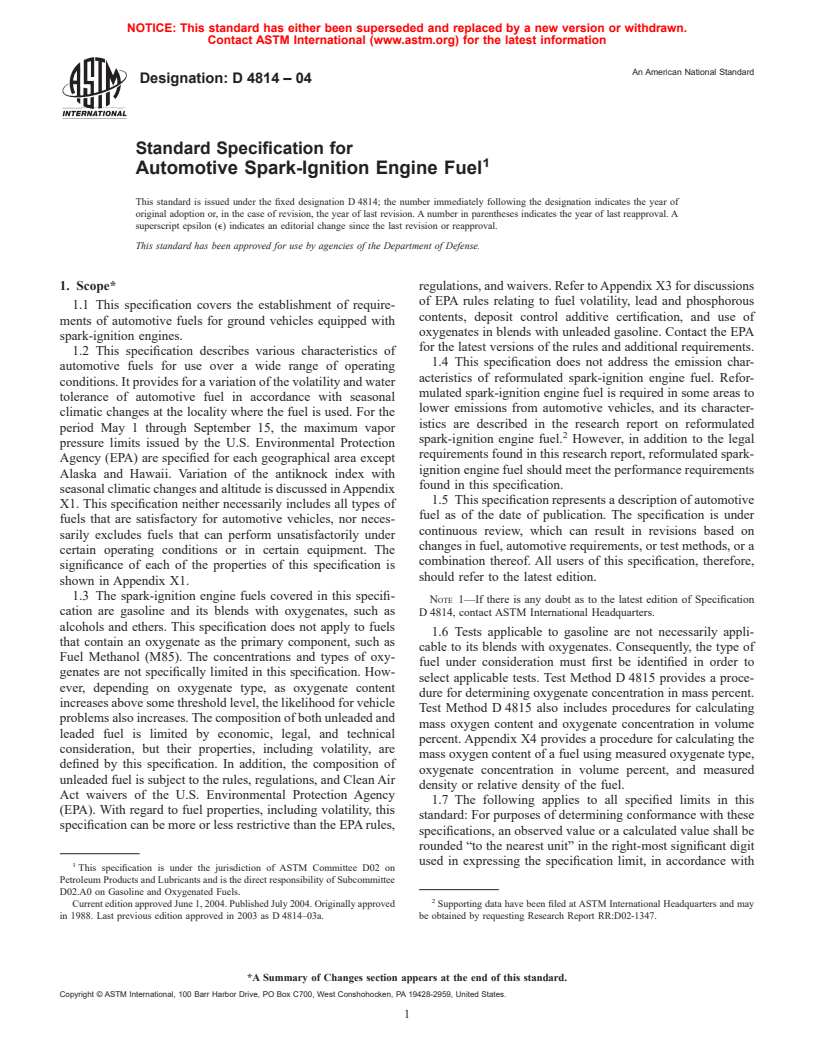 ASTM D4814-04 - Standard Specification for Automotive Spark-Ignition Engine Fuel