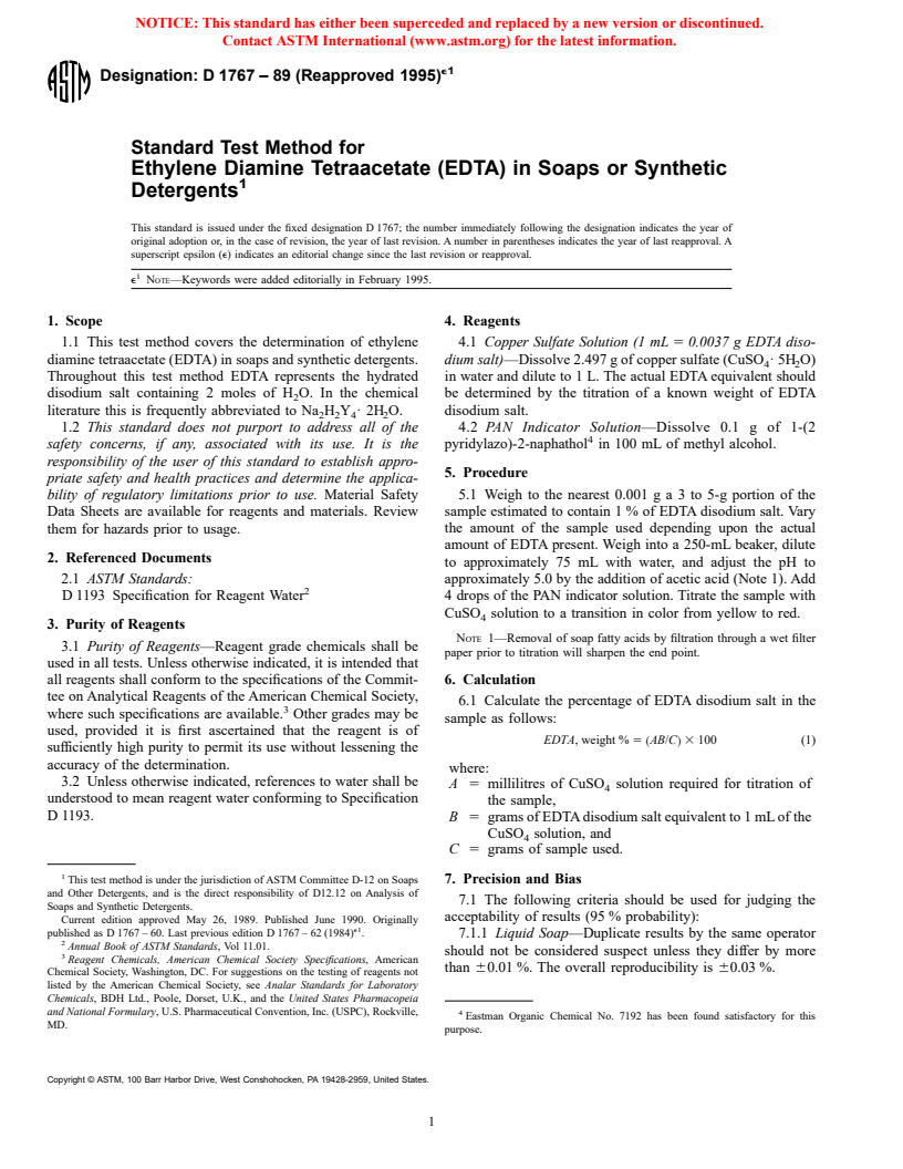 ASTM D1767-89(1995)e1 - Standard Test Method for Ethylene Diamine Tetraacetate (EDTA) in Soaps or Synthetic Detergents