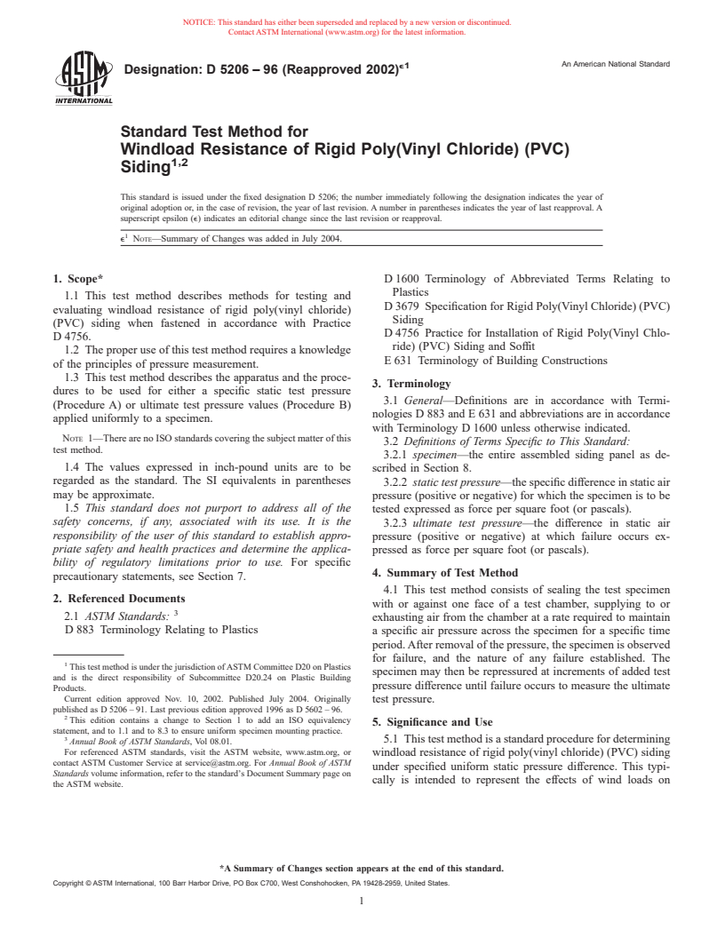 ASTM D5206-96(2002)e1 - Standard Test Method for Windload Resistance of Rigid Poly(Vinyl Chloride) (PVC) Siding