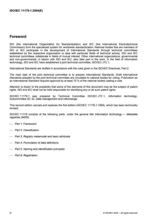 ISO/IEC 11179-1:2004 ISO/IEC 11179-1:2004 - Information technology -- Metadata registries (MDR) - Page 4 preview