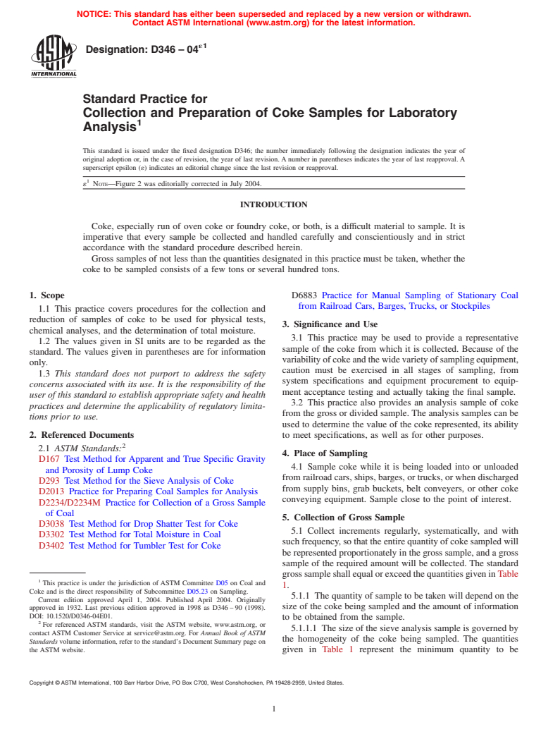 ASTM D346-04e1 - Standard Practice for Collection and Preparation of Coke Samples for Laboratory Analysis