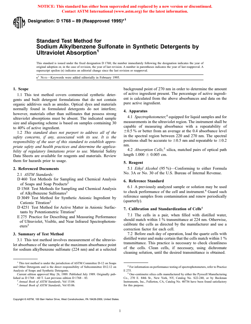 ASTM D1768-89(1995)e1 - Standard Test Method for Sodium Alkylbenzene Sulfonate in Synthetic Detergents by Ultraviolet Absorption