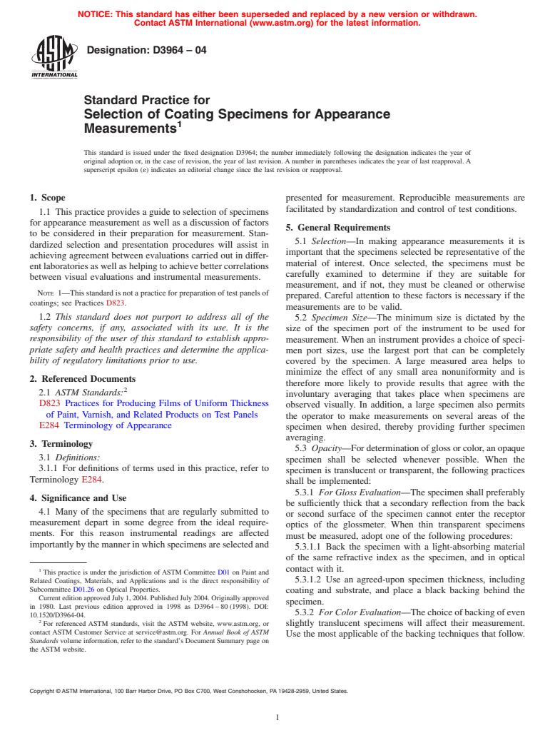ASTM D3964-04 - Standard Practice for Selection of Coating Specimens for Appearance Measurements
