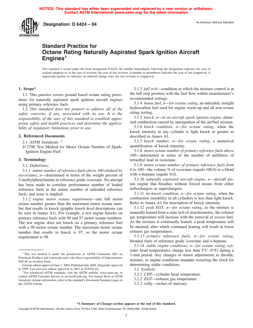 ASTM D6424-04 - Standard Practice for Octane Rating Naturally Aspirated Spark Ignition Aircraft Engines