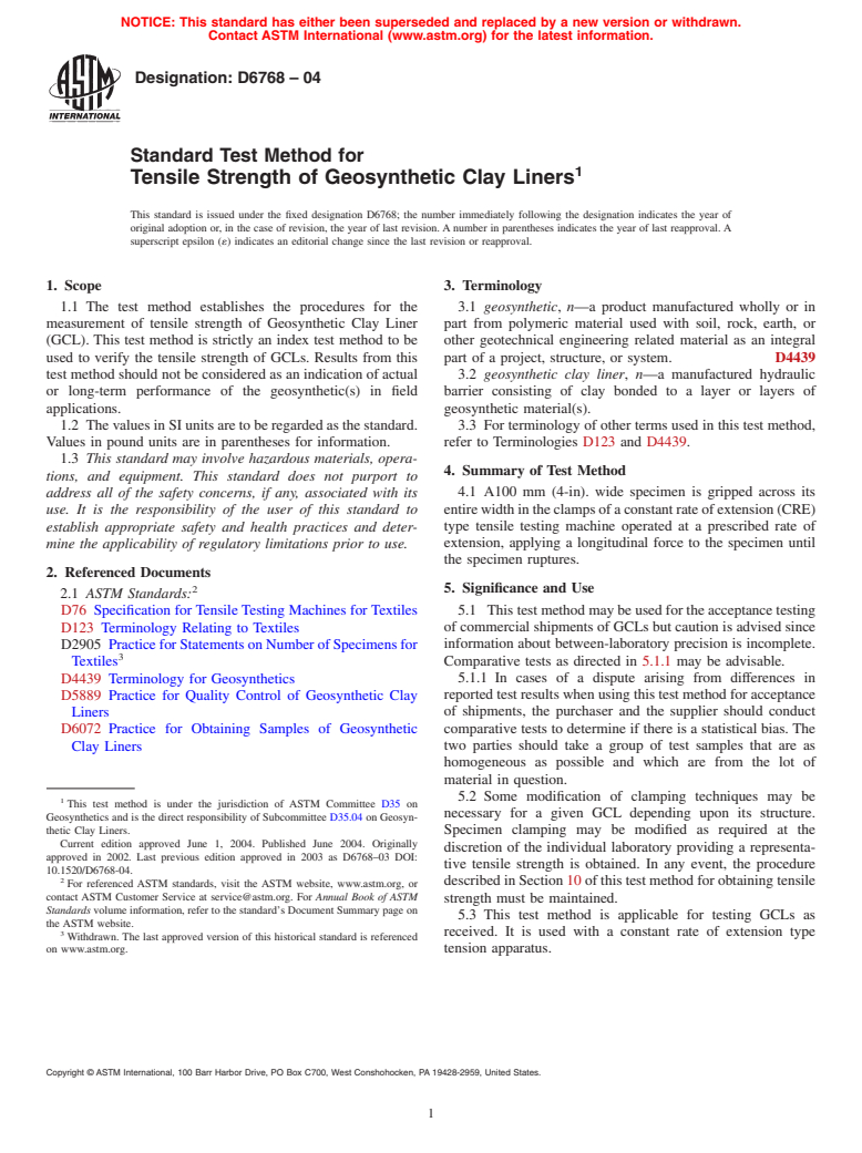 ASTM D6768-04 - Standard Test Method for Tensile Strength of Geosynthetic Clay Liners