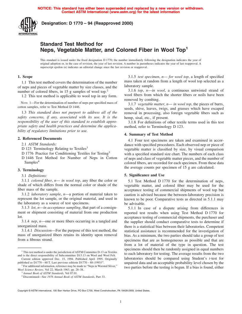 ASTM D1770-94(2000) - Standard Test Method for Neps, Vegetable Matter, and Colored Fiber in Wool Top