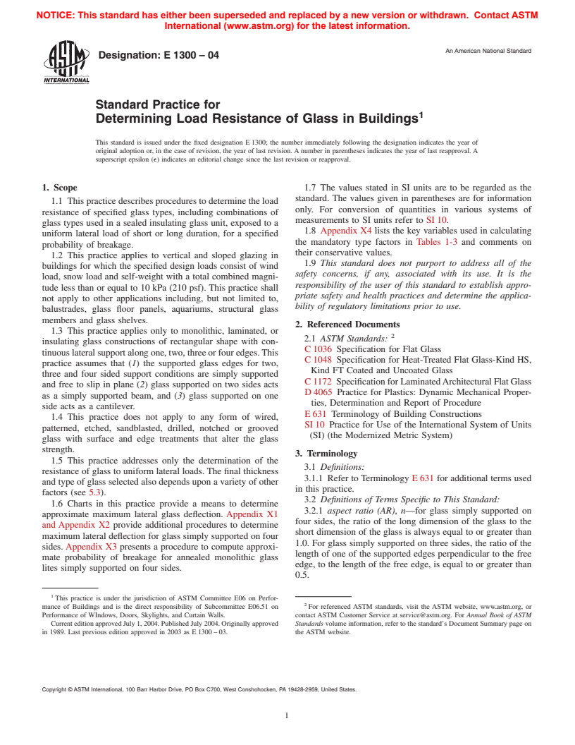 ASTM E1300-04 - Standard Practice for Determining Load Resistance of Glass in Buildings