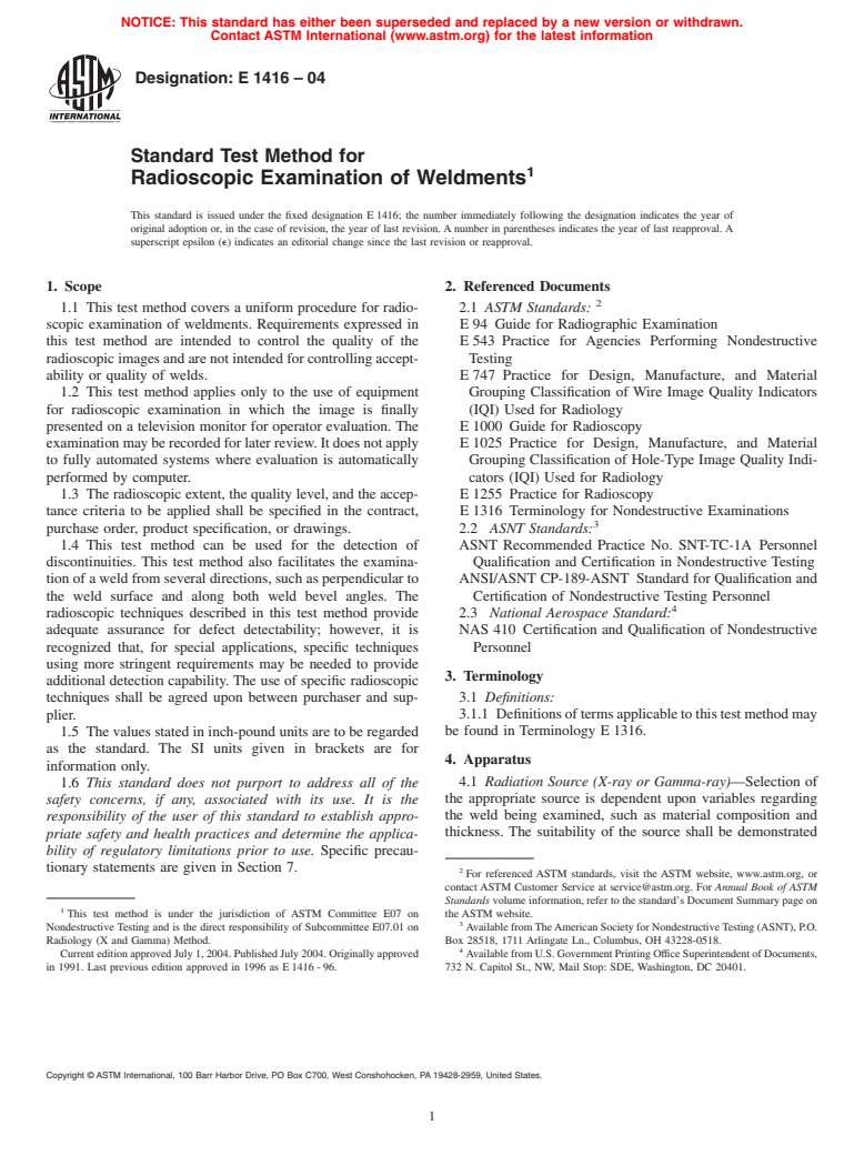 ASTM E1416-04 - Standard Test Method for Radioscopic Examination of Weldments