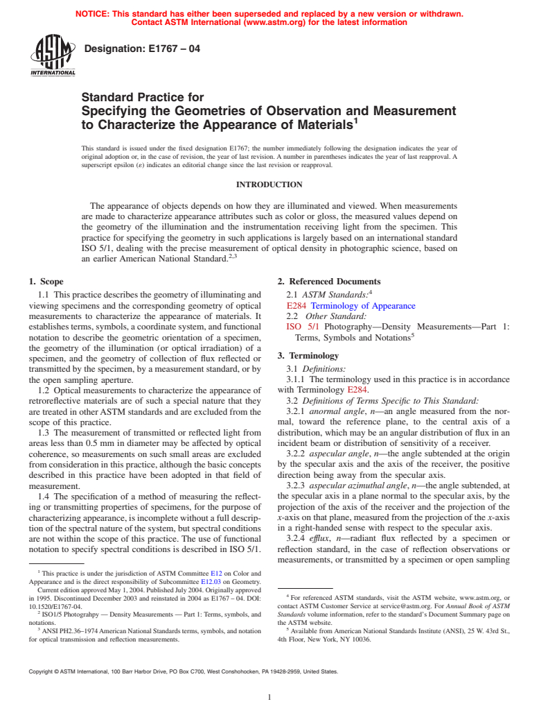 ASTM E1767-04 - Standard Practice for Specifying the Geometries of Observation and Measurement to Characterize the Appearance of Materials