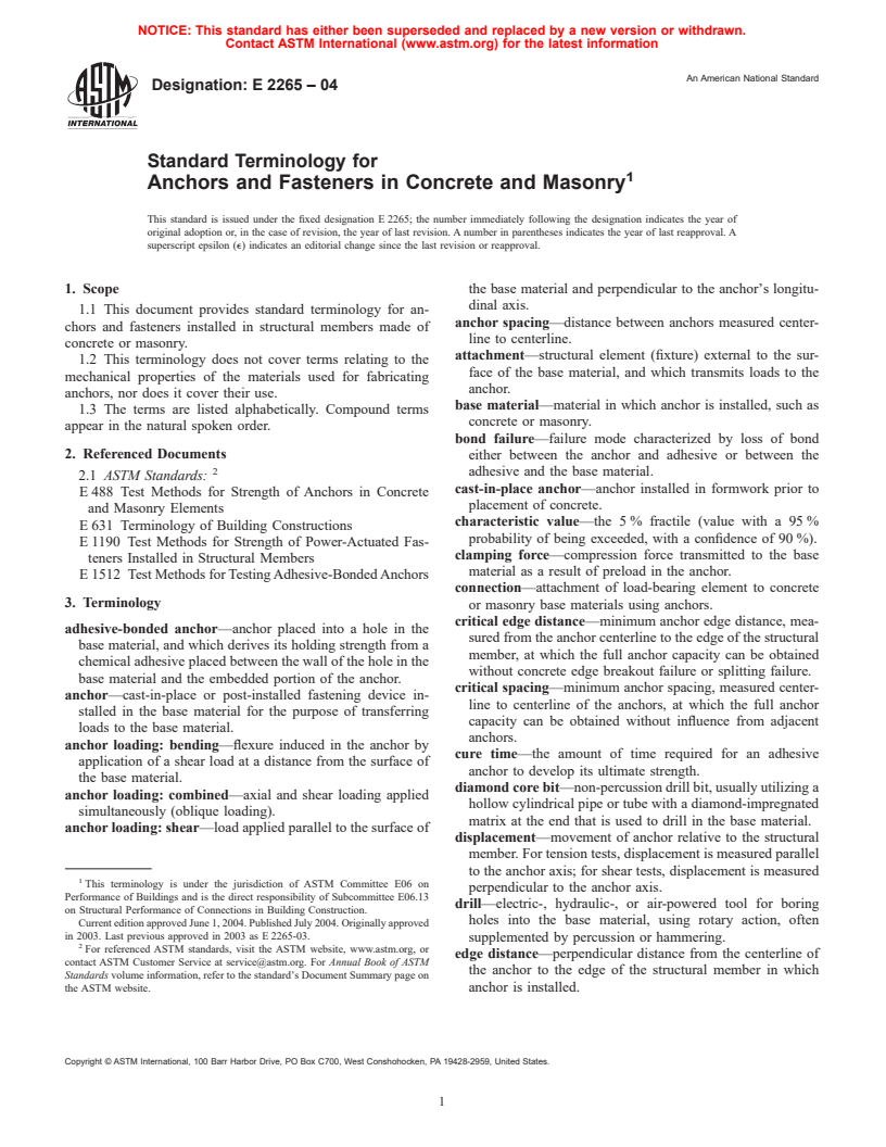 ASTM E2265-04 - Standard Terminology for Anchors and Fasteners in Concrete and Masonry