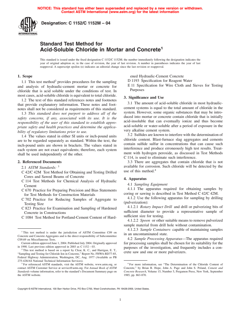 ASTM C1152/C1152M-04 - Standard Test Method for Acid-Soluble Chloride in Mortar and Concrete