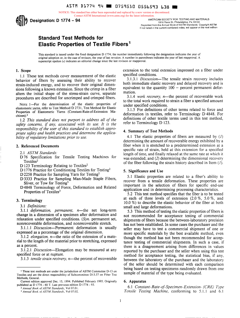 ASTM D1774-94 - Standard Test Methods for Elastic Properties of Textile Fibers (Withdrawn 2000)