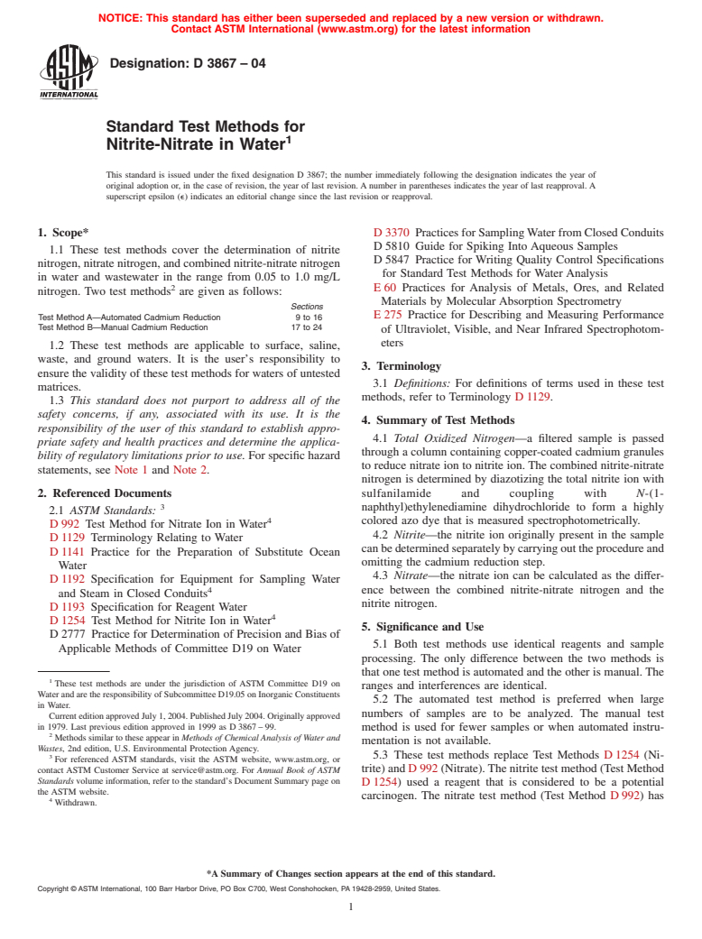 ASTM D3867-04 - Standard Test Methods for Nitrite-Nitrate in Water