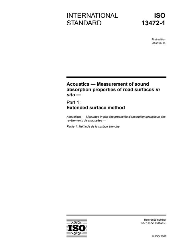 ISO 13472-1:2002 - Acoustics -- Measurement of sound absorption properties of road surfaces in situ