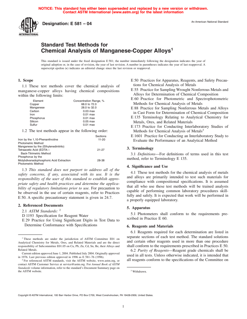 ASTM E581-04 - Standard Test Methods for Chemical Analysis of Manganese-Copper Alloys